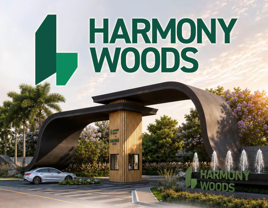 Harmony Woods luxury plotted development entrance with landscaped gardens, modern architecture and lush greenery in Hyderabad